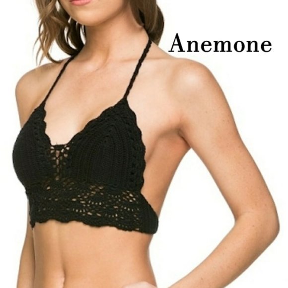 Boho Black Crochet Anemone Black Crop Halter Top. New ~ One Size! - Picture 2 of 7